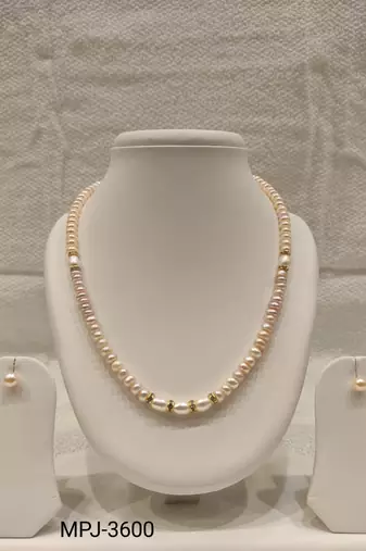 Pearl necklace and earring set, pink and white freshwater pearls, gold-tone accents, women's jewellery