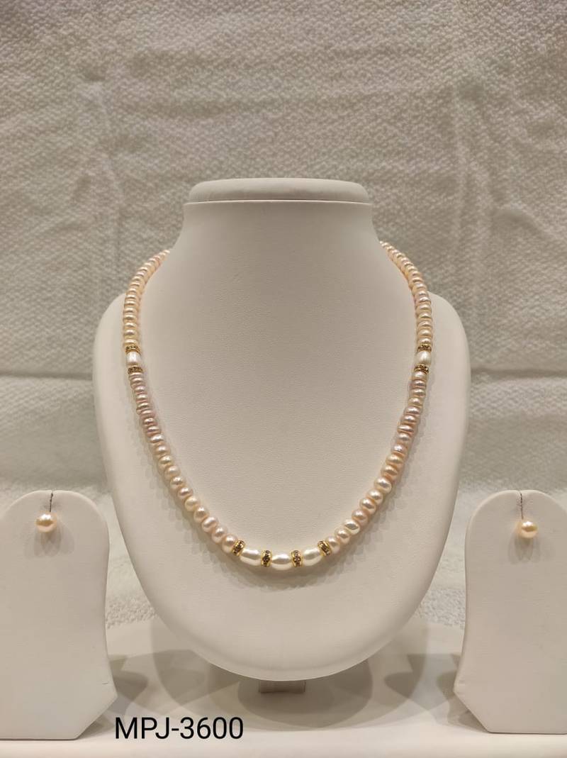 Pearl necklace and earring set, pink and white freshwater pearls, gold-tone accents, women's jewellery