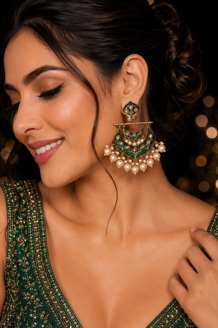 Antique finish polki pearl chandbali earrings