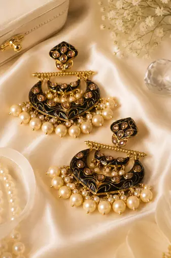 Traditional meenakari pearl chandbali earrings