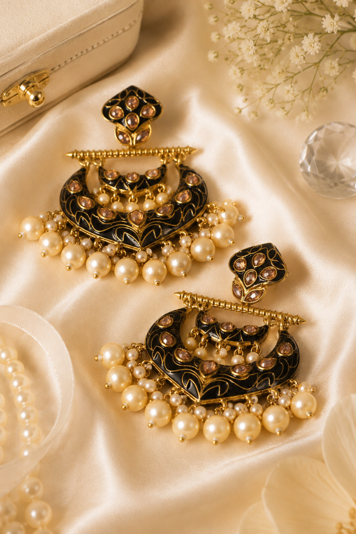 Traditional meenakari pearl chandbali earrings