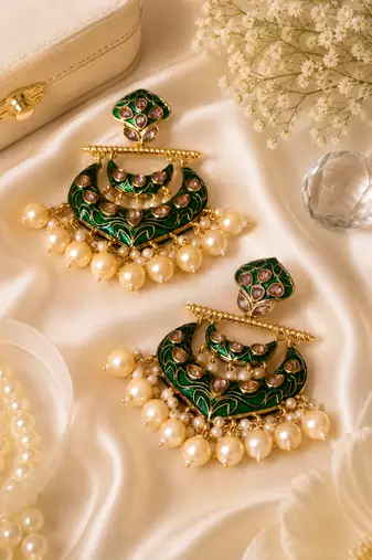 Antique finish polki pearl chandbali earrings
