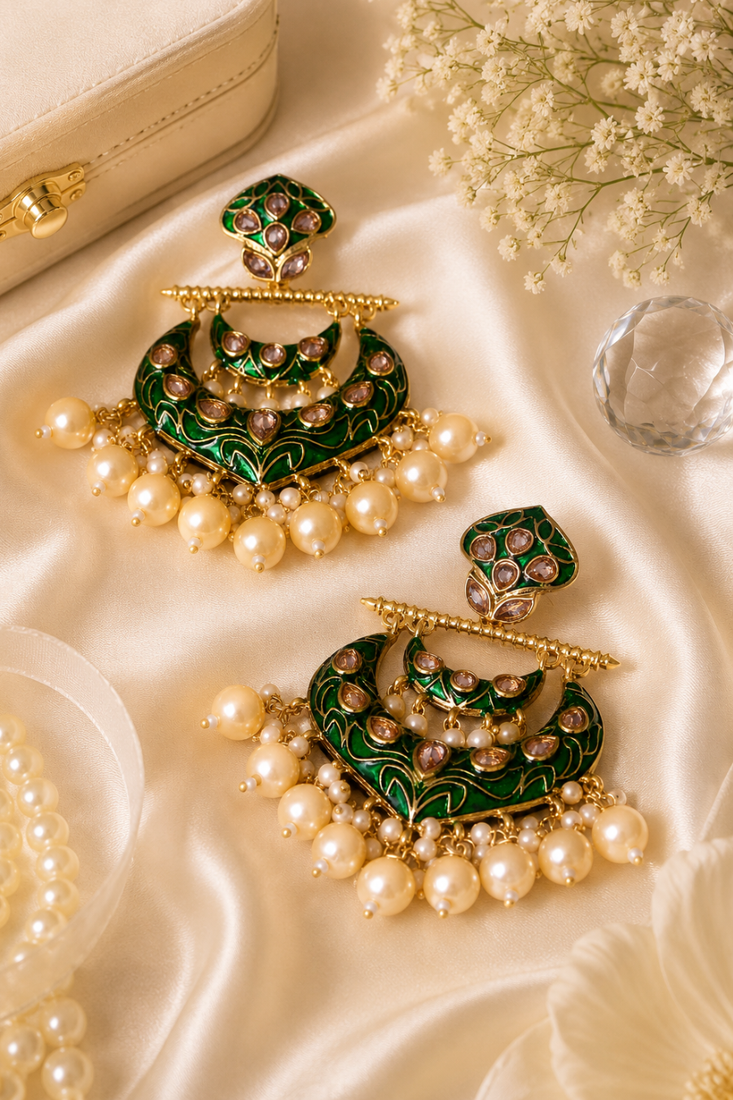 Antique finish polki pearl chandbali earrings
