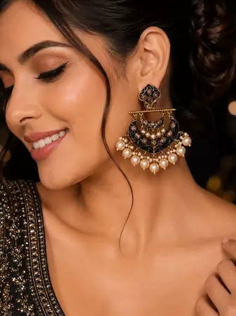 Traditional meenakari pearl chandbali earrings