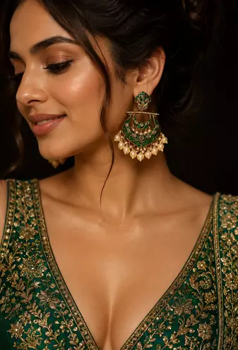 Antique finish polki pearl chandbali earrings