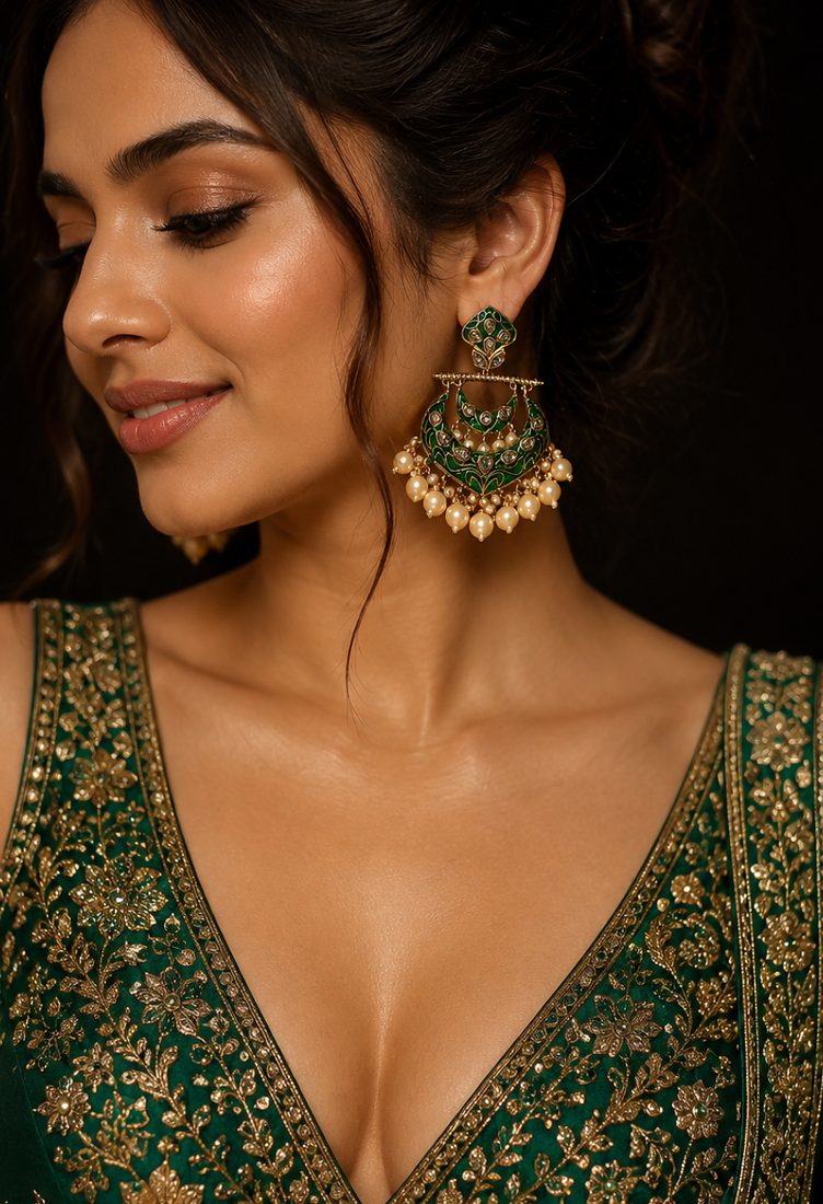 Antique finish polki pearl chandbali earrings