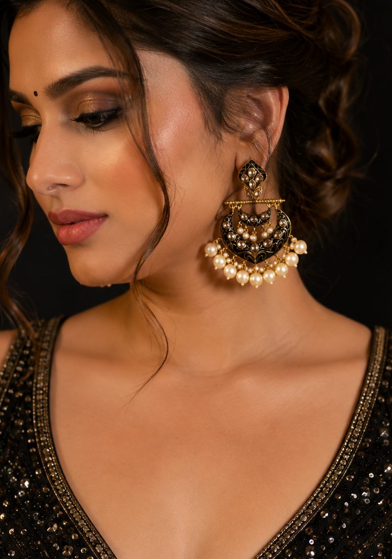 Traditional meenakari pearl chandbali earrings