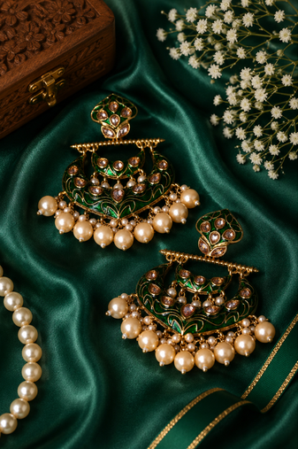 Antique finish polki pearl chandbali earrings