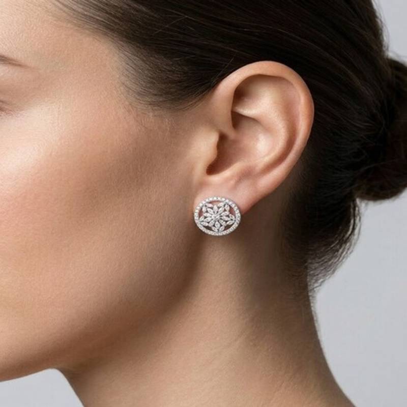 925 sterling silver Floral Diamond Halo Stud Earrings