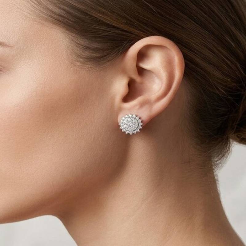 925 sterling silver Round Diamond Cluster Halo Stud Earrings