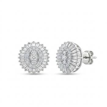 925 sterling silver Oval Diamond Cluster Stud Earrings with Baguette 1