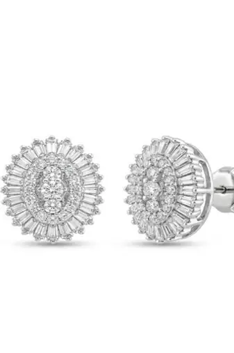 925 sterling silver Oval Diamond Cluster Stud Earrings with Baguette