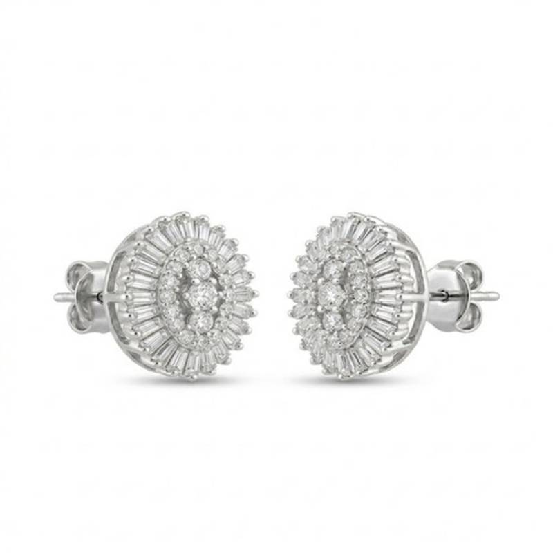925 sterling silver Oval Diamond Cluster Stud Earrings with Baguette