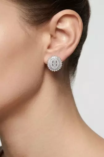 925 sterling silver Oval Diamond Cluster Stud Earrings with Baguette