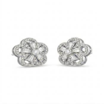 925 sterling silver Floral Baguette Diamond Stud Earrings 1