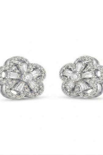 925 sterling silver Floral Baguette Diamond Stud Earrings