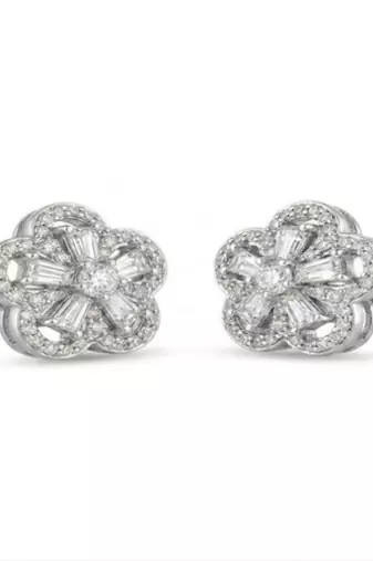 925 sterling silver Floral Baguette Diamond Stud Earrings