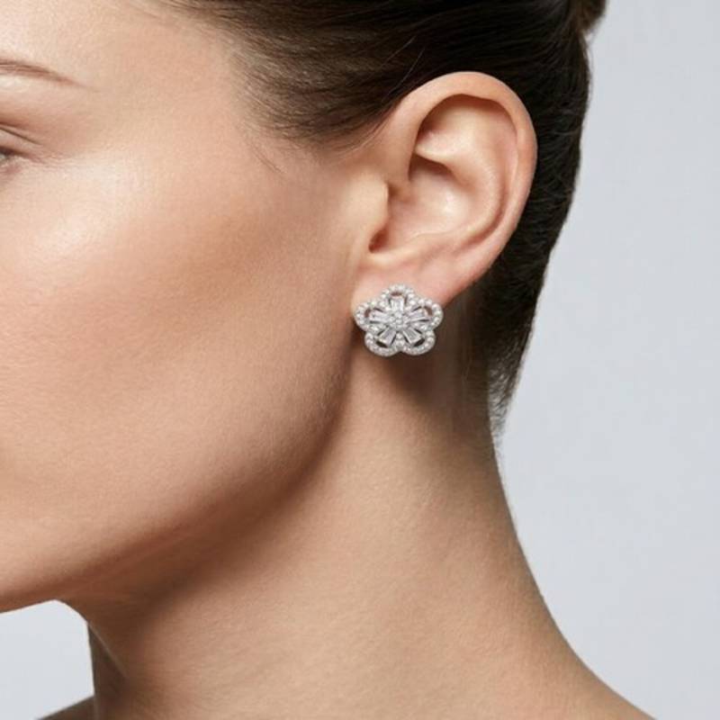 925 sterling silver Floral Baguette Diamond Stud Earrings