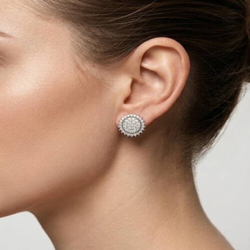 925 sterling silver Round Diamond Cluster Stud Earrings with Double Halo