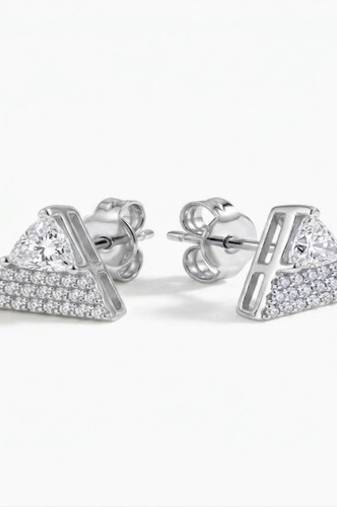 925 sterling silver Triangle Diamond Stud Earrings with Solitaire Accent