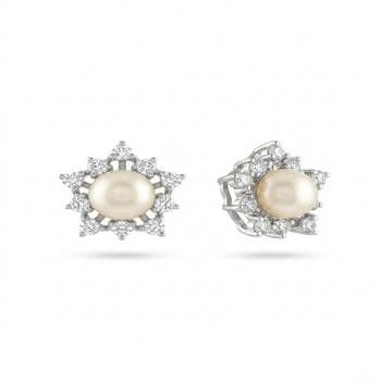 925 sterling silver Pearl & Diamond Starburst Stud Earrings 1
