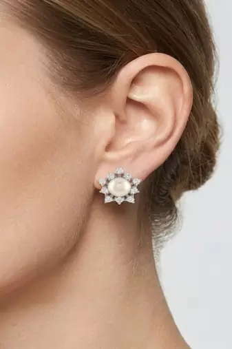 925 sterling silver Pearl & Diamond Starburst Stud Earrings