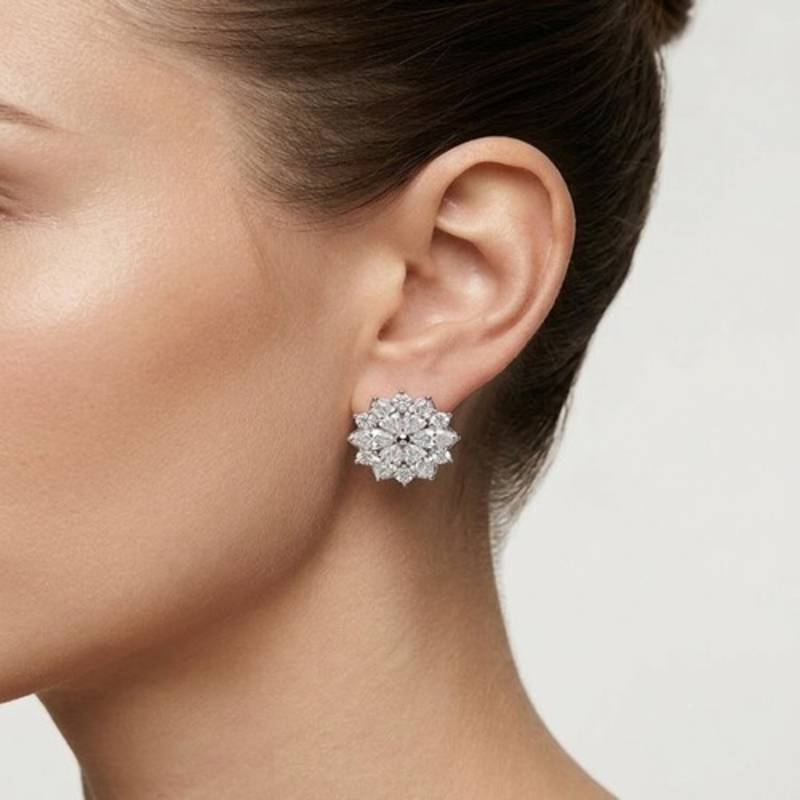 925 sterling silver Marquise Diamond Floral Stud Earrings