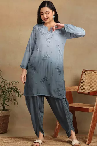 Women's lucknowi chikankari hand embroidered floral motifs modal kurta with dhoti pants