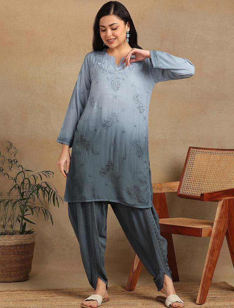 Women's lucknowi chikankari hand embroidered floral motifs modal kurta with dhoti pants