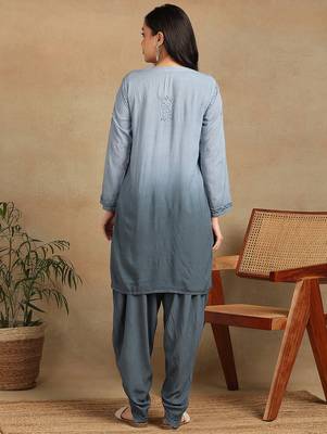 Women's lucknowi chikankari hand embroidered floral motifs modal kurta with dhoti pants 2