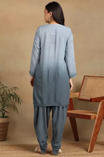 Women's lucknowi chikankari hand embroidered floral motifs modal kurta with dhoti pants