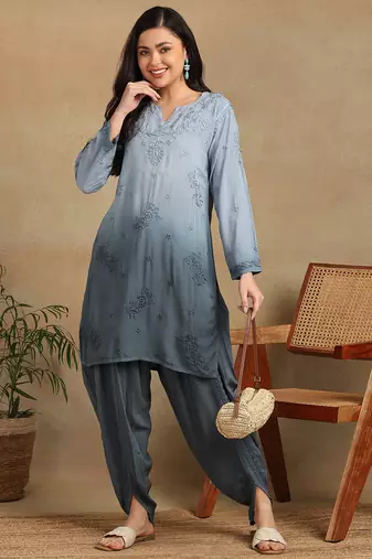Women's lucknowi chikankari hand embroidered floral motifs modal kurta with dhoti pants
