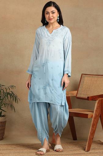 Women's lucknowi chikankari hand embroidered floral motifs modal kurta with dhoti pants