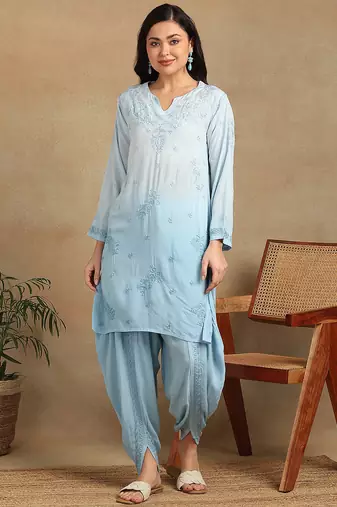 Women's lucknowi chikankari hand embroidered floral motifs modal kurta with dhoti pants