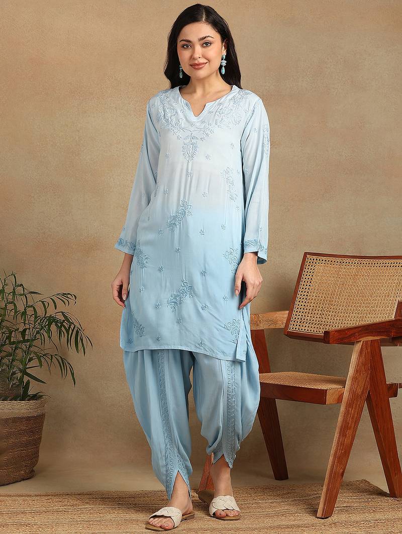 Women's lucknowi chikankari hand embroidered floral motifs modal kurta with dhoti pants