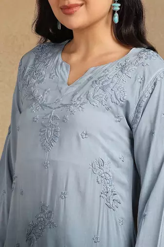 Women's lucknowi chikankari hand embroidered floral motifs modal kurta with dhoti pants