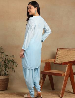 Women's lucknowi chikankari hand embroidered floral motifs modal kurta with dhoti pants 2