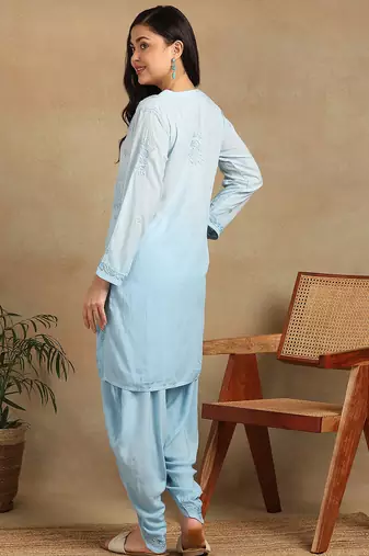 Women's lucknowi chikankari hand embroidered floral motifs modal kurta with dhoti pants