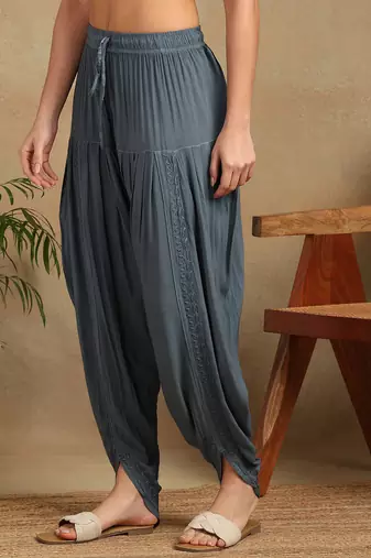 Women's lucknowi chikankari hand embroidered floral motifs modal kurta with dhoti pants