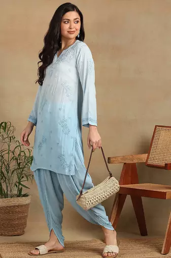 Women's lucknowi chikankari hand embroidered floral motifs modal kurta with dhoti pants