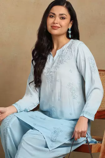 Women's lucknowi chikankari hand embroidered floral motifs modal kurta with dhoti pants