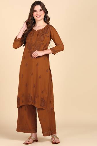 Women brown ethnic motifs embroidered chikankari liva rayon kurta palazzo set