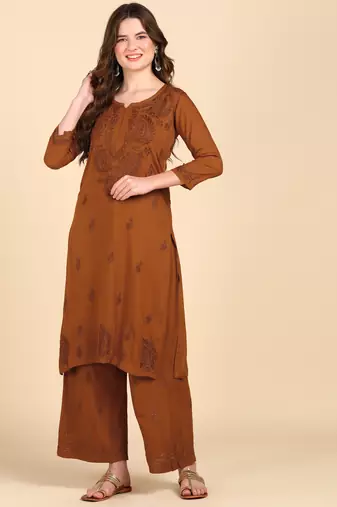 Women brown ethnic motifs embroidered chikankari liva rayon kurta palazzo set