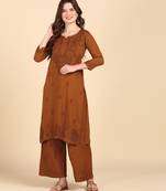 Women brown ethnic motifs embroidered chikankari liva rayon kurta palazzo set