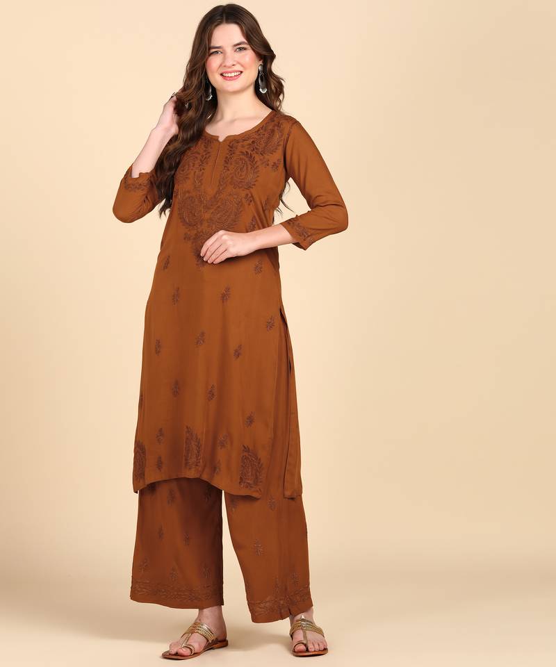 Women brown ethnic motifs embroidered chikankari liva rayon kurta palazzo set