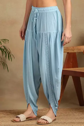 Women's lucknowi chikankari hand embroidered floral motifs modal kurta with dhoti pants