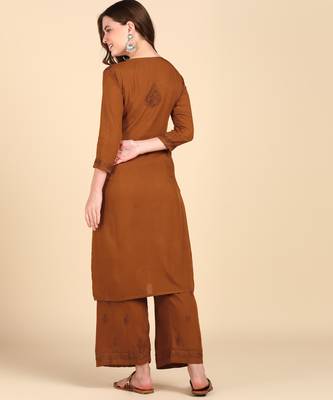 Women brown ethnic motifs embroidered chikankari liva rayon kurta palazzo set 2