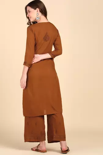 Women brown ethnic motifs embroidered chikankari liva rayon kurta palazzo set