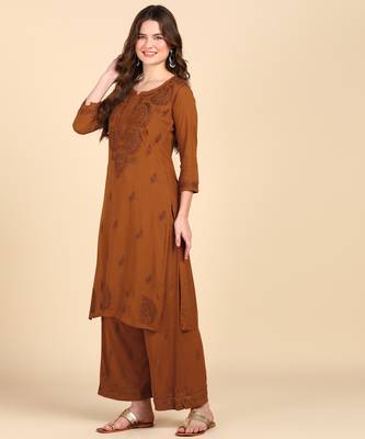 Women brown ethnic motifs embroidered chikankari liva rayon kurta palazzo set 3
