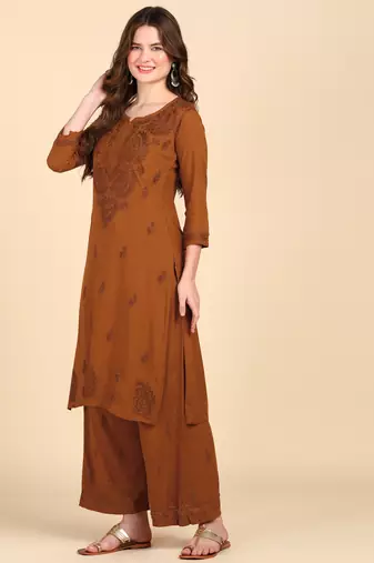 Women brown ethnic motifs embroidered chikankari liva rayon kurta palazzo set